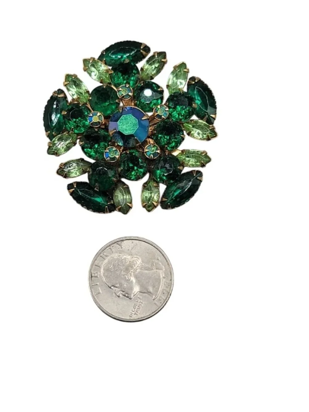 Juliana D&E Green Starburst Brooch Emerald & Peridot Navette Rhinestones Vintage